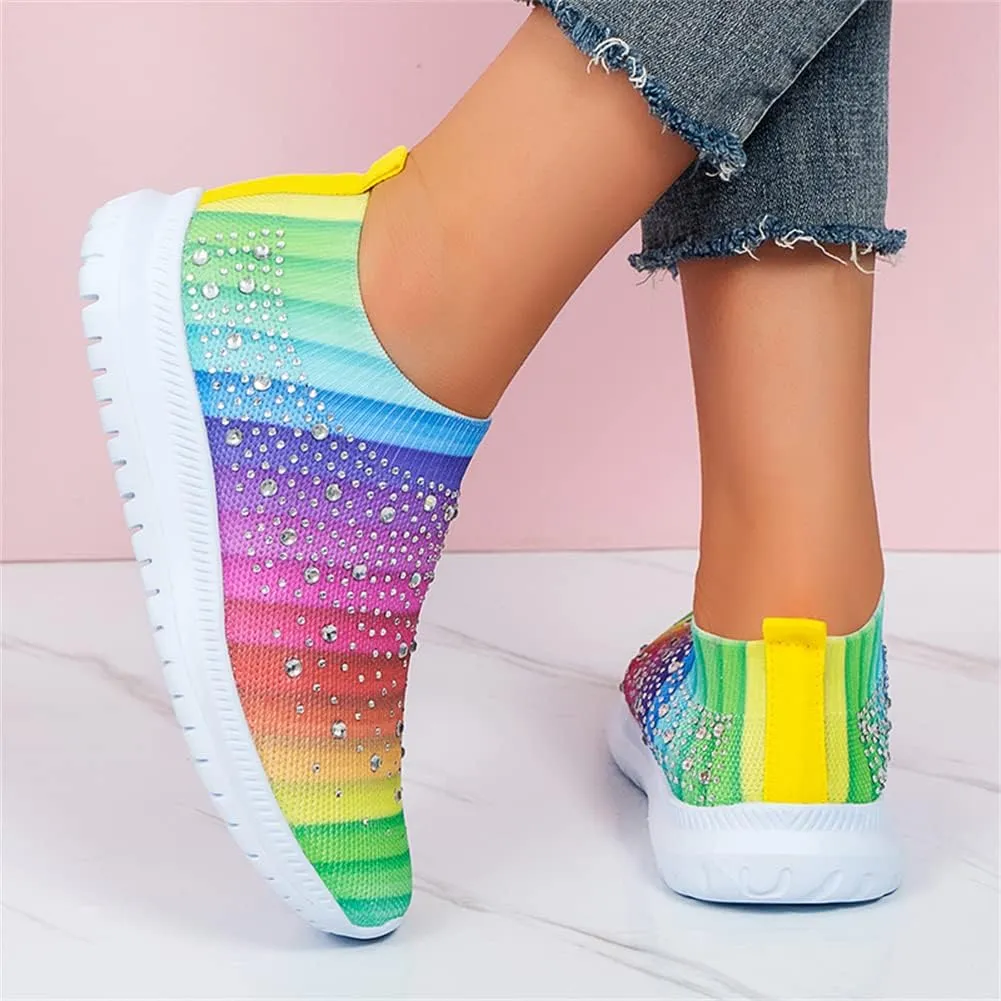GOSPT Women's Mesh Walking Shoes Rhinestone Glitter Slip On Ballroom Jazz Latin Dance Sock Sneakers