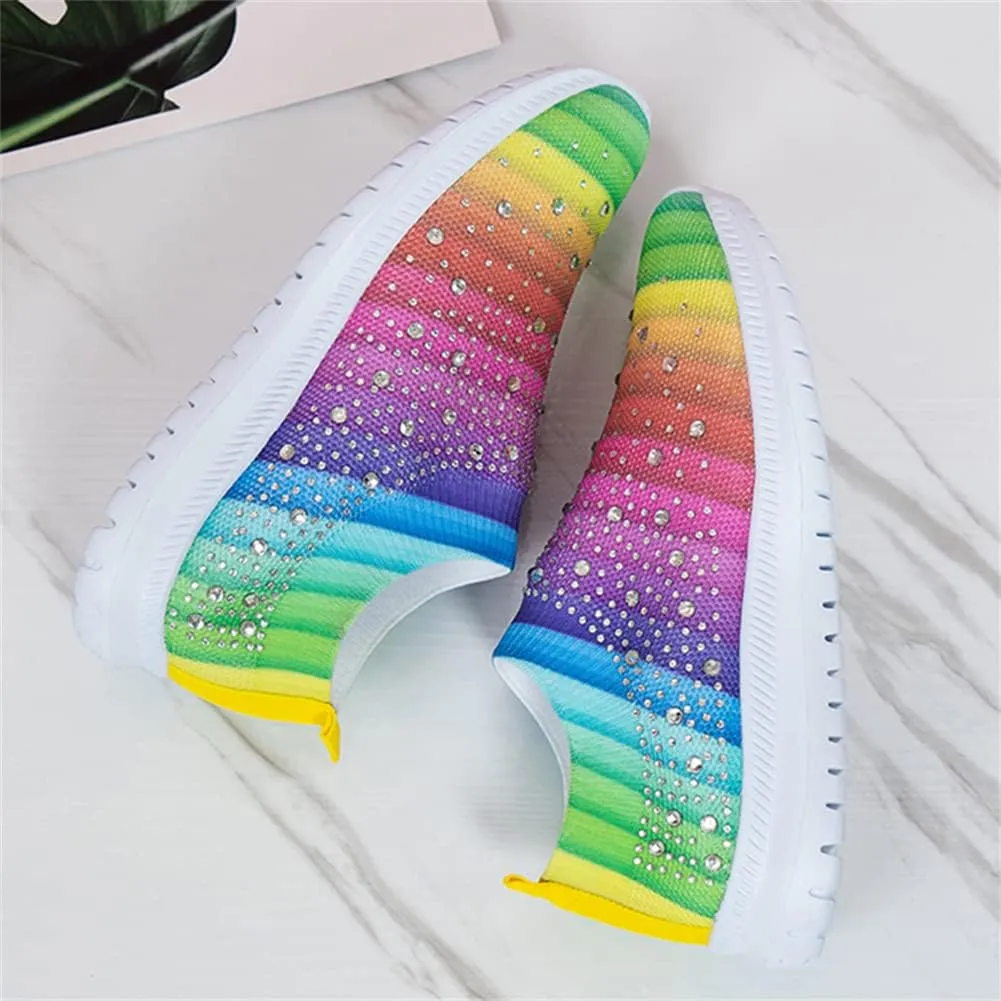 GOSPT Women's Mesh Walking Shoes Rhinestone Glitter Slip On Ballroom Jazz Latin Dance Sock Sneakers