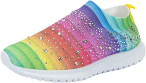 GOSPT Women's Mesh Walking Shoes Rhinestone Glitter Slip On Ballroom Jazz Latin Dance Sock Sneakers