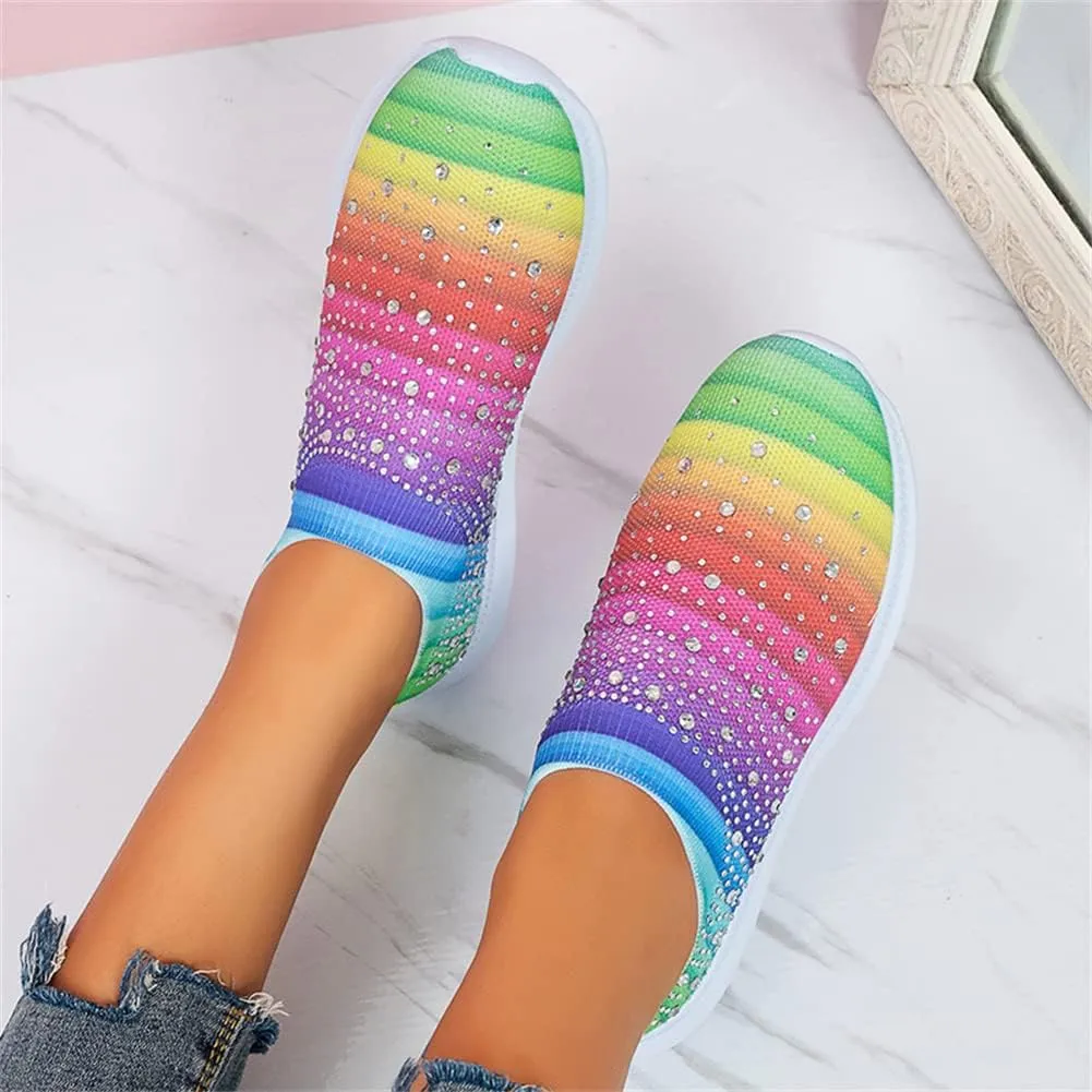 GOSPT Women's Mesh Walking Shoes Rhinestone Glitter Slip On Ballroom Jazz Latin Dance Sock Sneakers