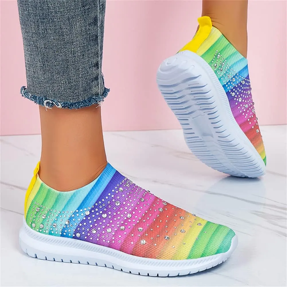GOSPT Women's Mesh Walking Shoes Rhinestone Glitter Slip On Ballroom Jazz Latin Dance Sock Sneakers