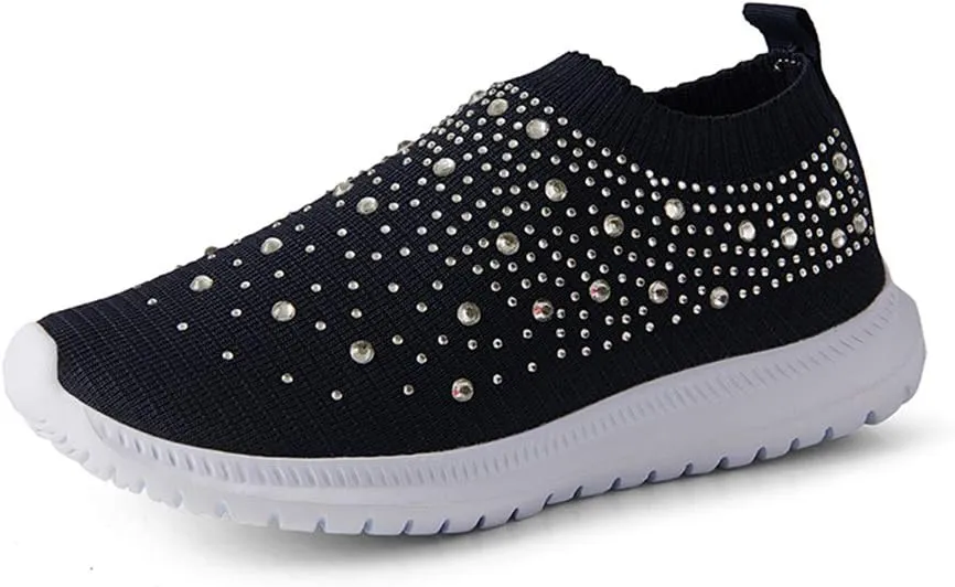 GOSPT Women's Mesh Walking Shoes Rhinestone Glitter Slip On Ballroom Jazz Latin Dance Sock Sneakers