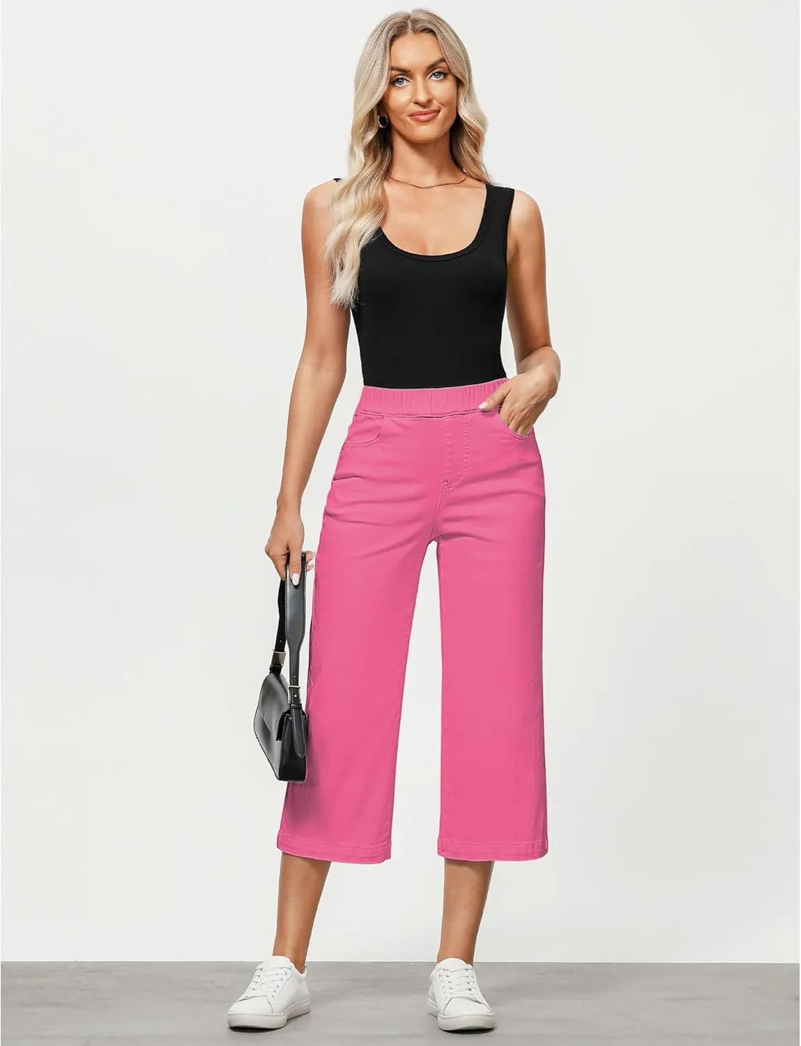 GRAPENT Capri Jeans for Women Wide Leg High Waisted Pull On Trendy Stretchy Denim Elastic Waist Jean Pants with Pockets