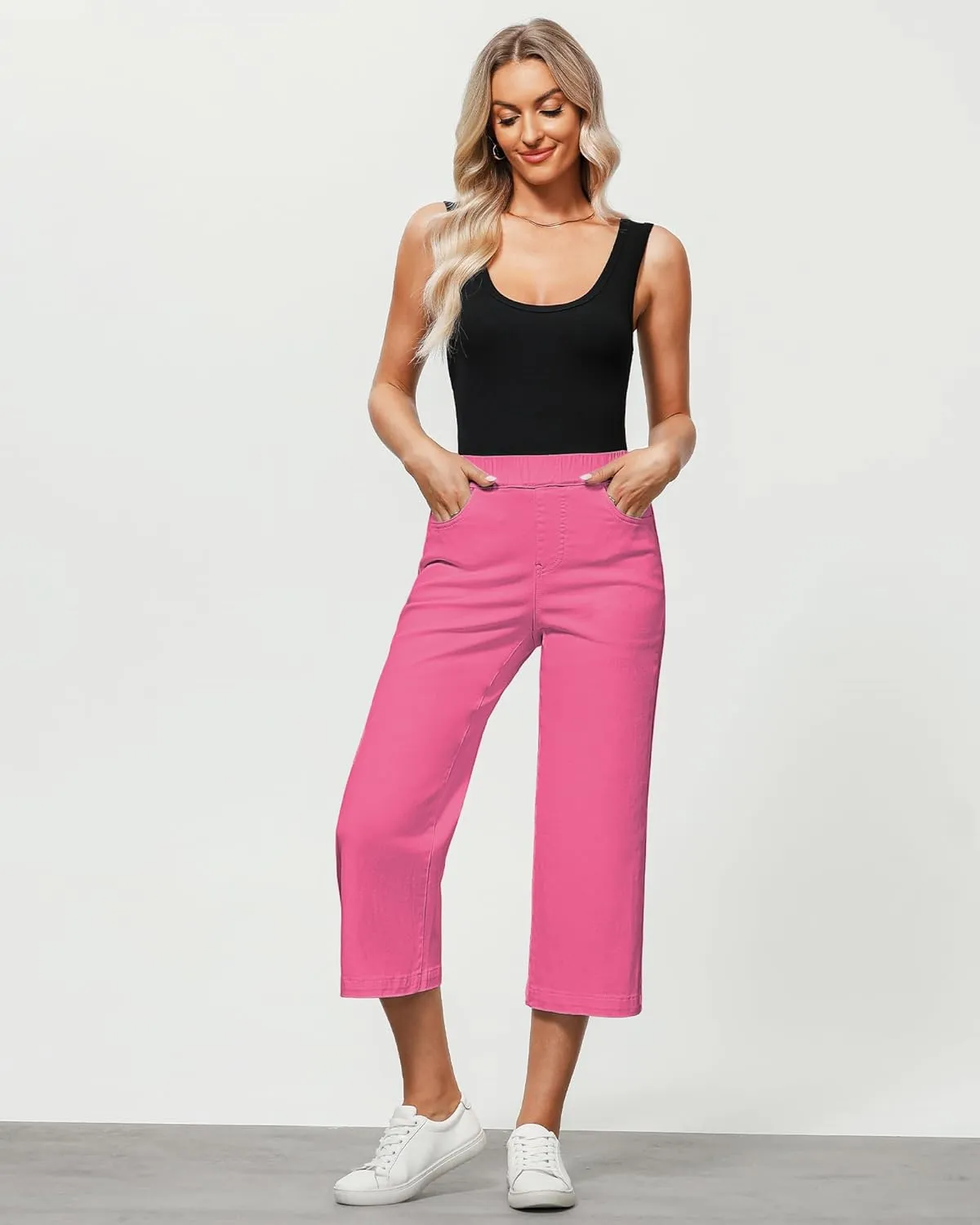 GRAPENT Capri Jeans for Women Wide Leg High Waisted Pull On Trendy Stretchy Denim Elastic Waist Jean Pants with Pockets