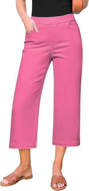 GRAPENT Capri Jeans for Women Wide Leg High Waisted Pull On Trendy Stretchy Denim Elastic Waist Jean Pants with Pockets