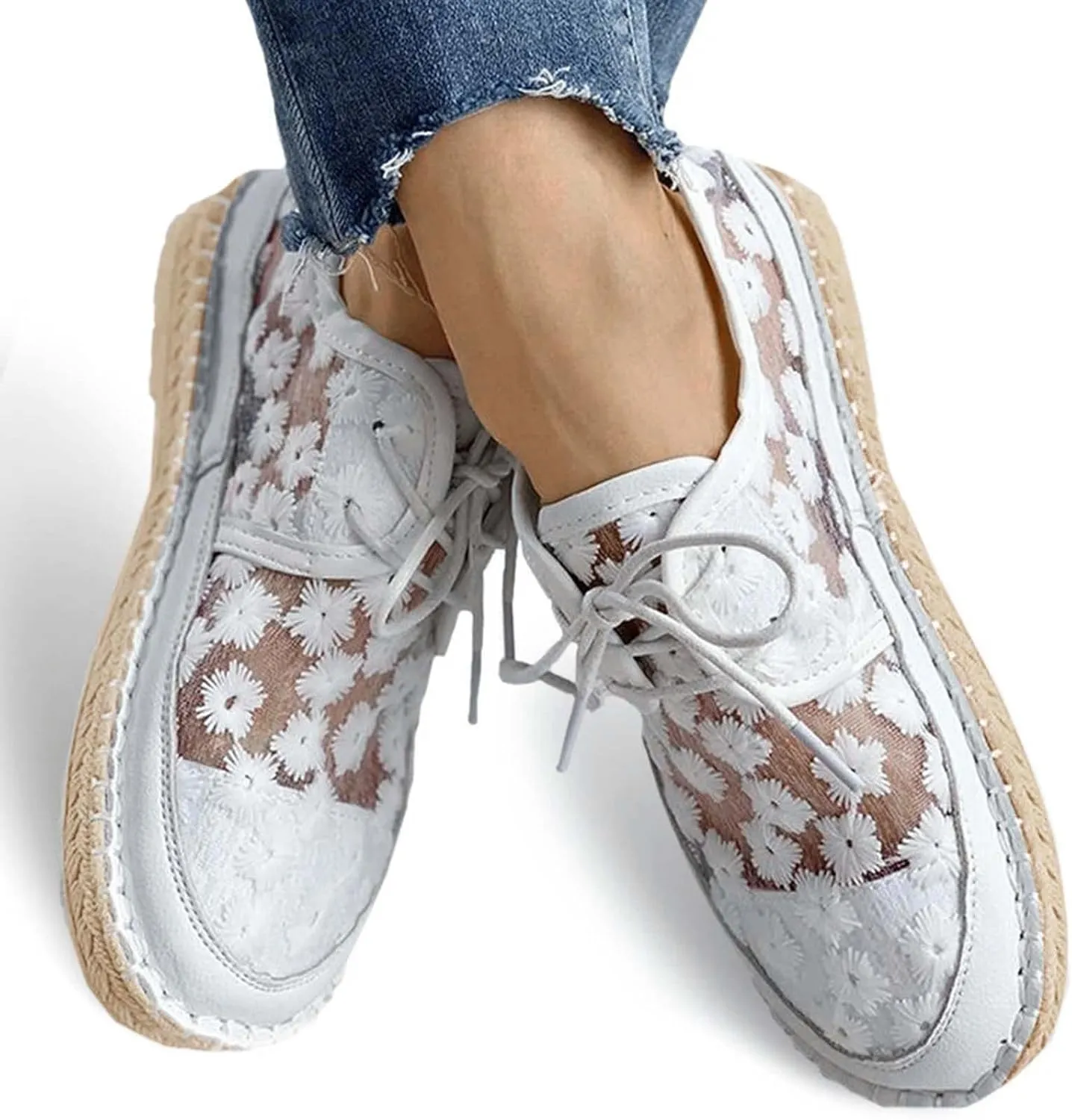 Hbeylia Espadrilles Sneakers for Women Girls Platform Flower Embroidered Lace Breathable Lace Up Low Top Play Sneakers Canvas Shoes Casual Slip On Walking Shoes Loafers for Wedding Casual Wear