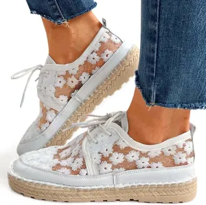 Hbeylia Espadrilles Sneakers for Women Girls Platform Flower Embroidered Lace Breathable Lace Up Low Top Play Sneakers Canvas Shoes Casual Slip On Walking Shoes Loafers for Wedding Casual Wear