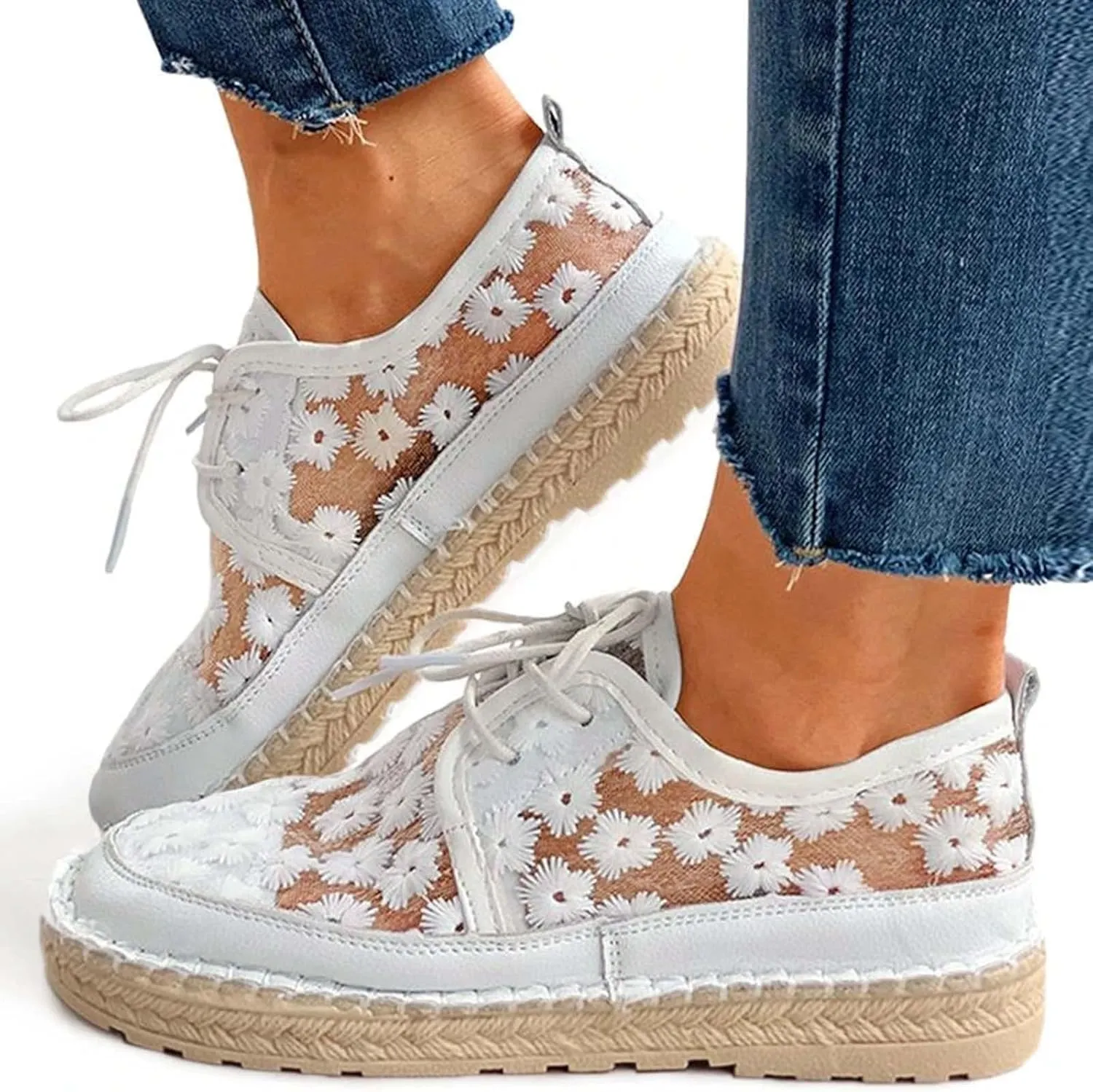 Hbeylia Espadrilles Sneakers for Women Girls Platform Flower Embroidered Lace Breathable Lace Up Low Top Play Sneakers Canvas Shoes Casual Slip On Walking Shoes Loafers for Wedding Casual Wear