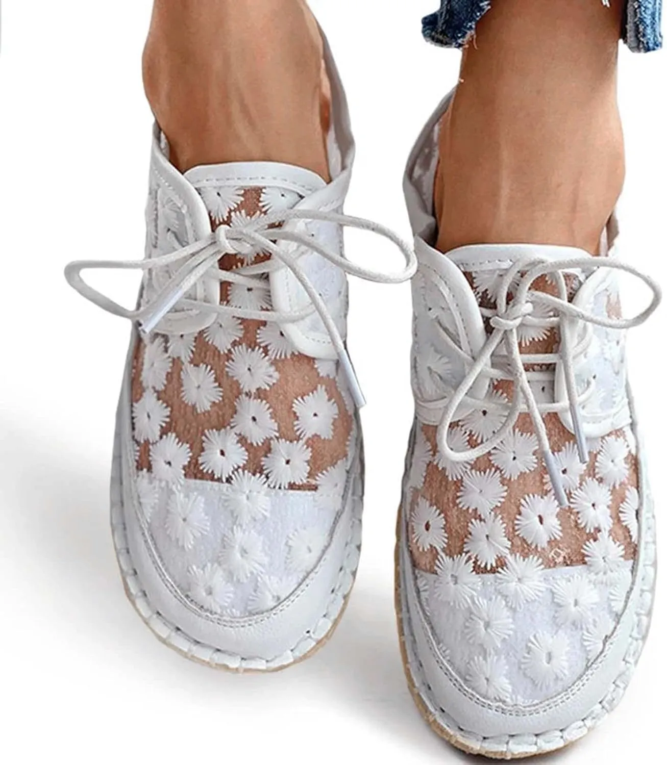 Hbeylia Espadrilles Sneakers for Women Girls Platform Flower Embroidered Lace Breathable Lace Up Low Top Play Sneakers Canvas Shoes Casual Slip On Walking Shoes Loafers for Wedding Casual Wear