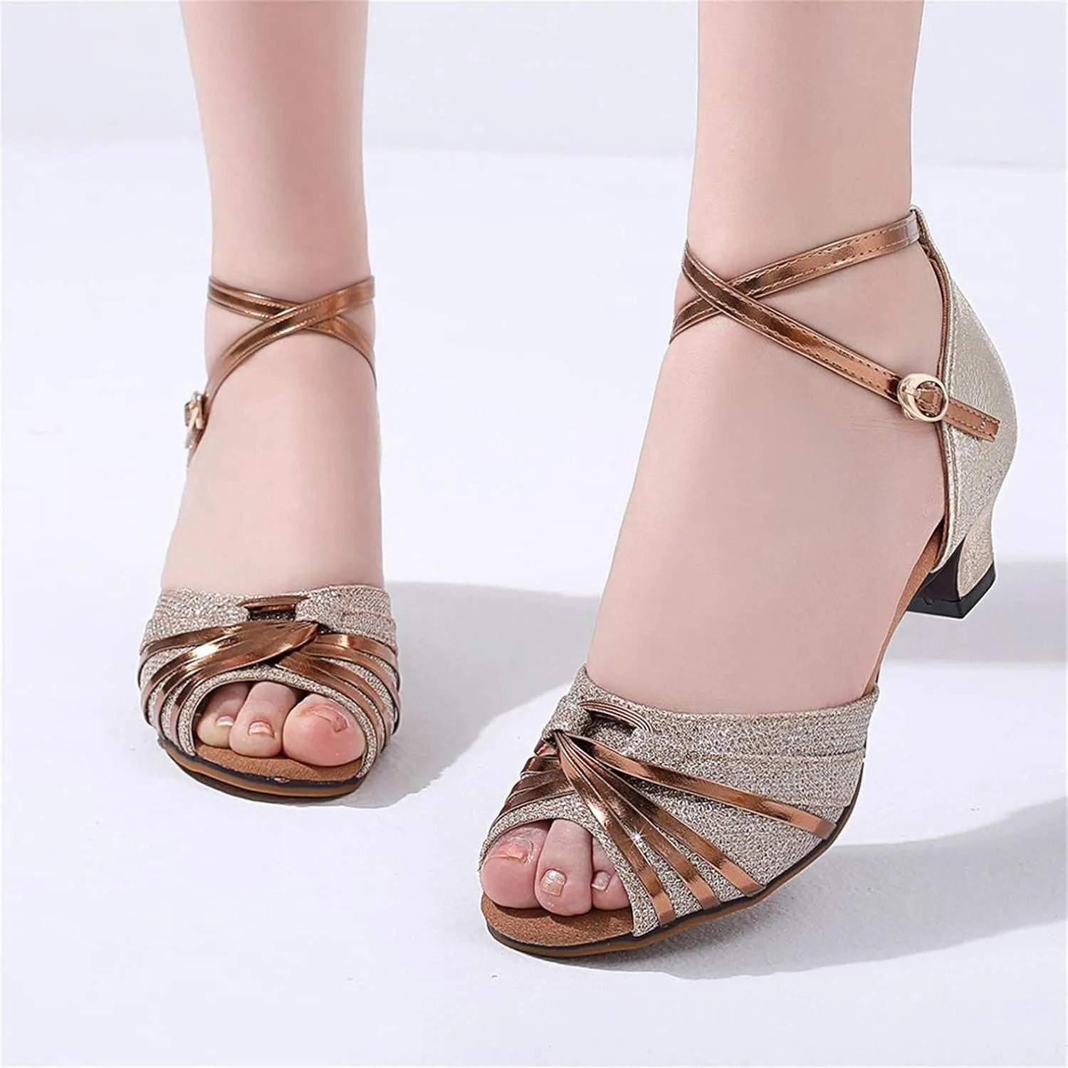 Hbeylia Rhinestones Dress Sandals Shoes For Women Ladies Gold Silver Glittering Leather Peep Toe Kitten High Heels Ankle Strap Dressy Pump Ballet Flats For Wedding Dancing Dress Evening Party