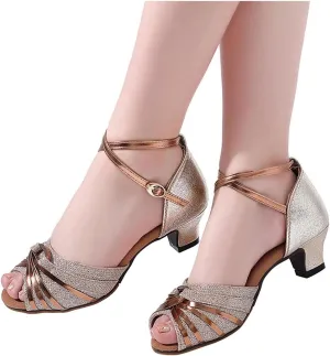 Hbeylia Rhinestones Dress Sandals Shoes For Women Ladies Gold Silver Glittering Leather Peep Toe Kitten High Heels Ankle Strap Dressy Pump Ballet Flats For Wedding Dancing Dress Evening Party