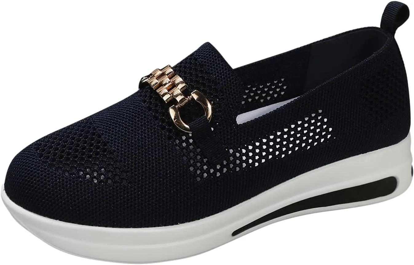 Hbeylia Slip On Loafers for Women Platform Wedge Metal Chain Ballet Flats Round Toe Chunky Bottom Low Top Dress Shoes for Women Ladies Vacation Work Nurse
