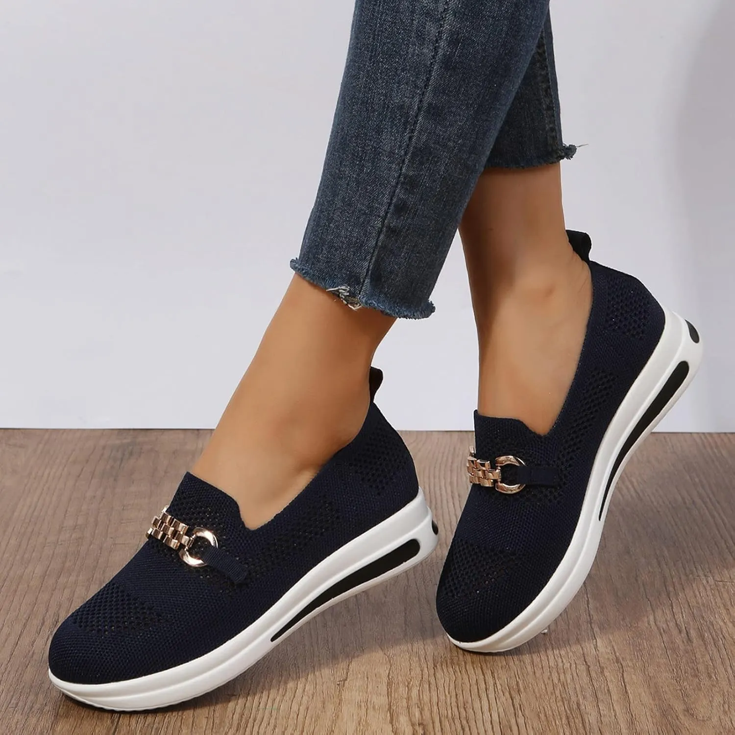 Hbeylia Slip On Loafers for Women Platform Wedge Metal Chain Ballet Flats Round Toe Chunky Bottom Low Top Dress Shoes for Women Ladies Vacation Work Nurse