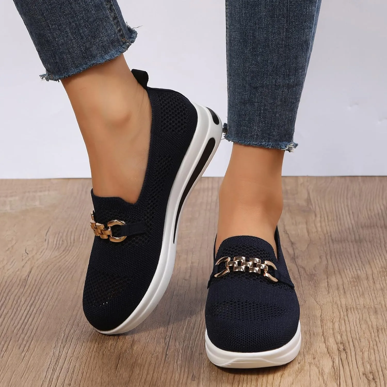 Hbeylia Slip On Loafers for Women Platform Wedge Metal Chain Ballet Flats Round Toe Chunky Bottom Low Top Dress Shoes for Women Ladies Vacation Work Nurse
