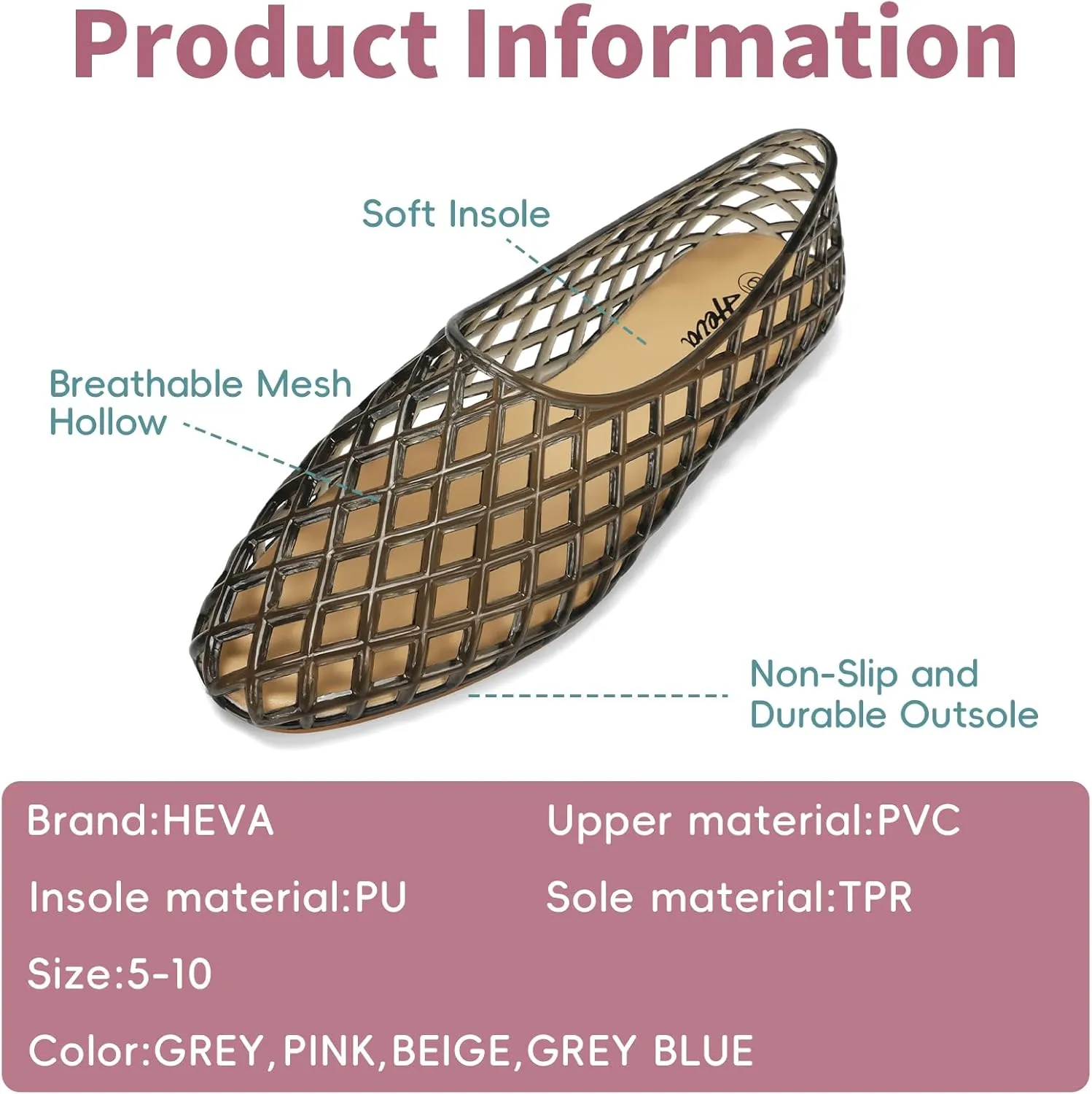 HEVA Women's Jelly Mesh Flats Breathable Clear Hollow Shoes Summer Beach Jellies Ballet Sandals