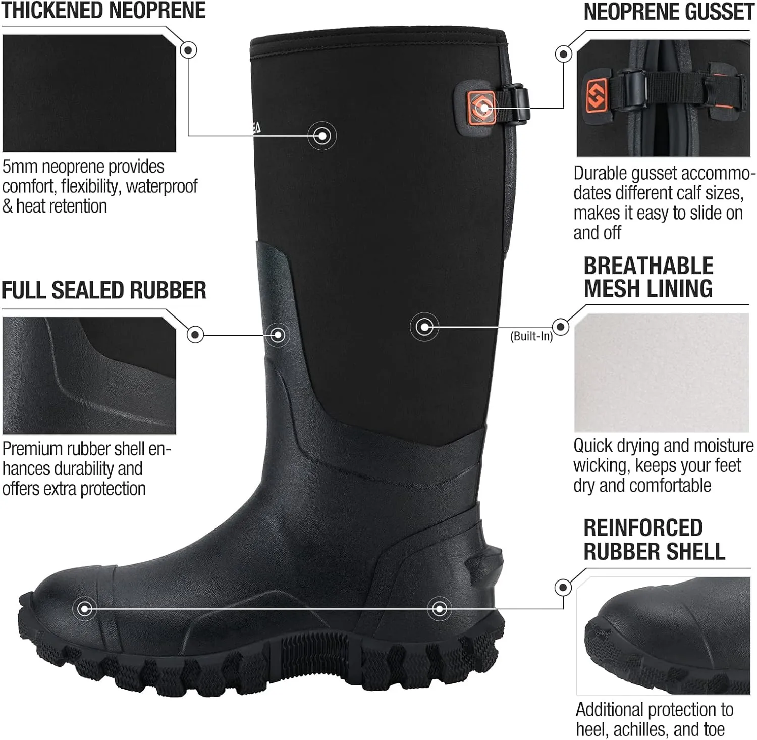 HISEA Upgraded Men's Rain Boots, Waterproof Insulated Rubber Neoprene Boots with Steel Shank, Durable Anti-Slip Outdoor Work Boots for Hunting Gardening Farming Fishing Mud Working, Adjustable Calf