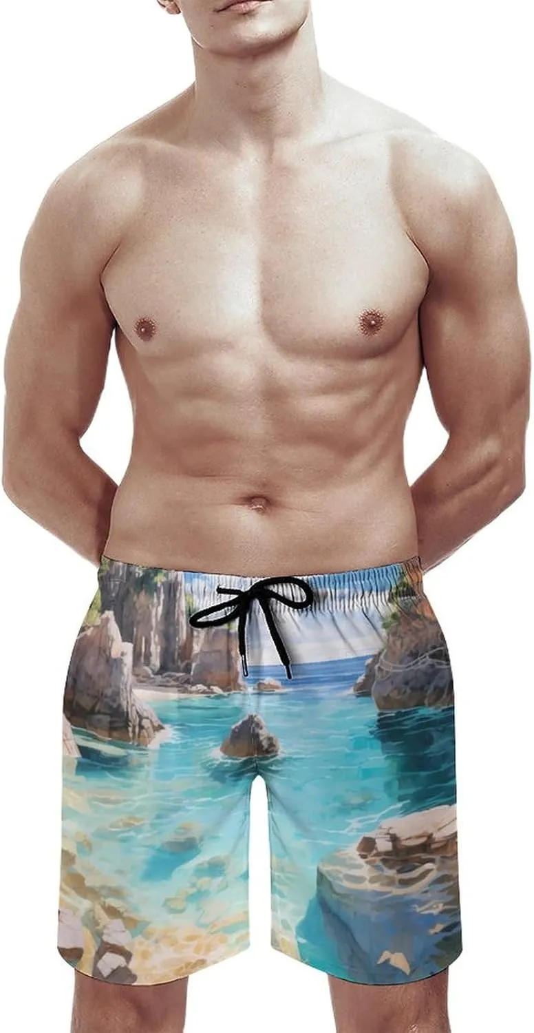 Horseshoe Bay Cove Bermuda Men's Swim Trunks Quick Dry Hawaii Board Shorts Bathing Suits Beachwear with Mesh Lining