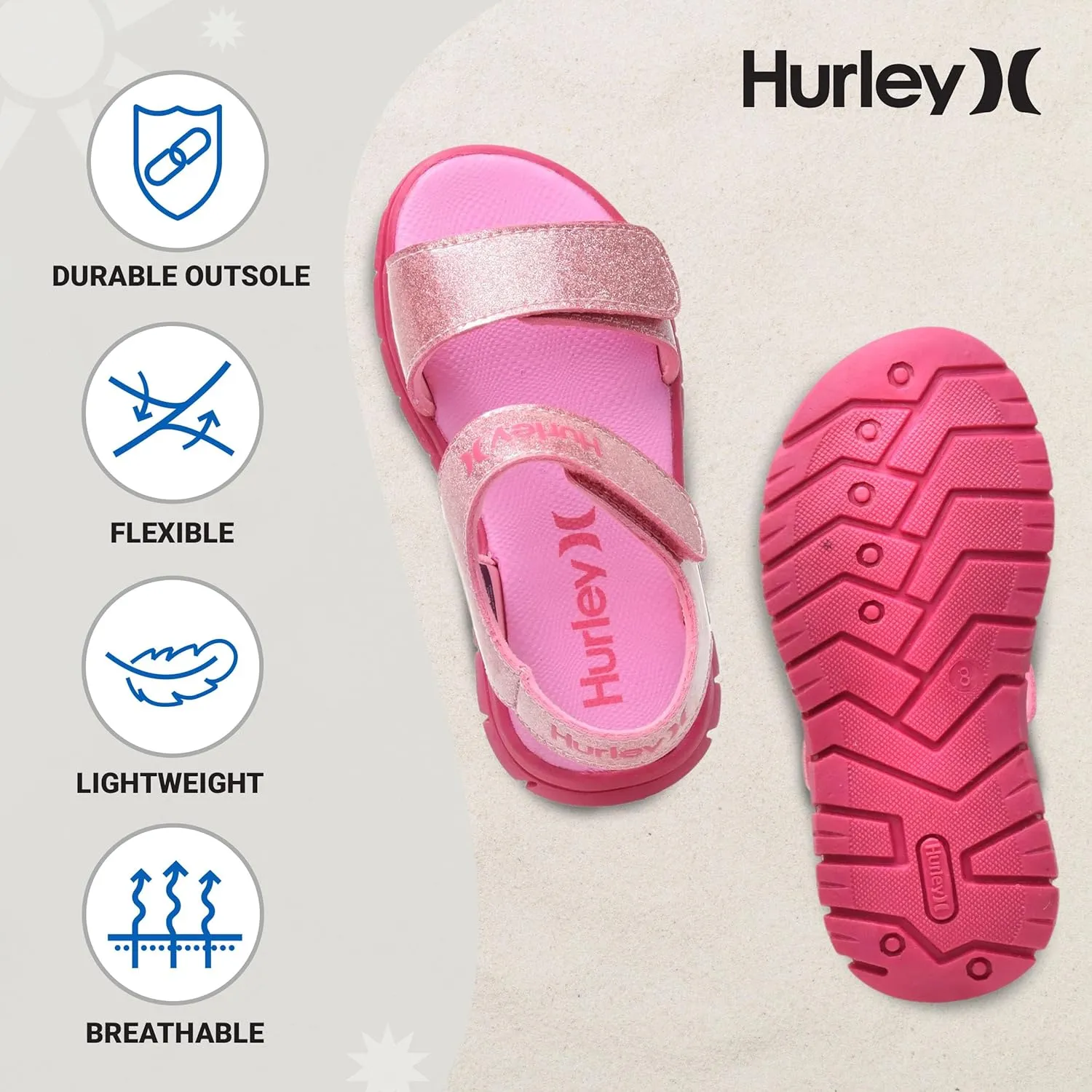 Hurley kids and toddlers Ken Sandals, for Boys and Girls, Kid's Lightweight Open Toe Sandals, Beach Sandals with Adjustable straps, for Outdoors, Water Play and Pool