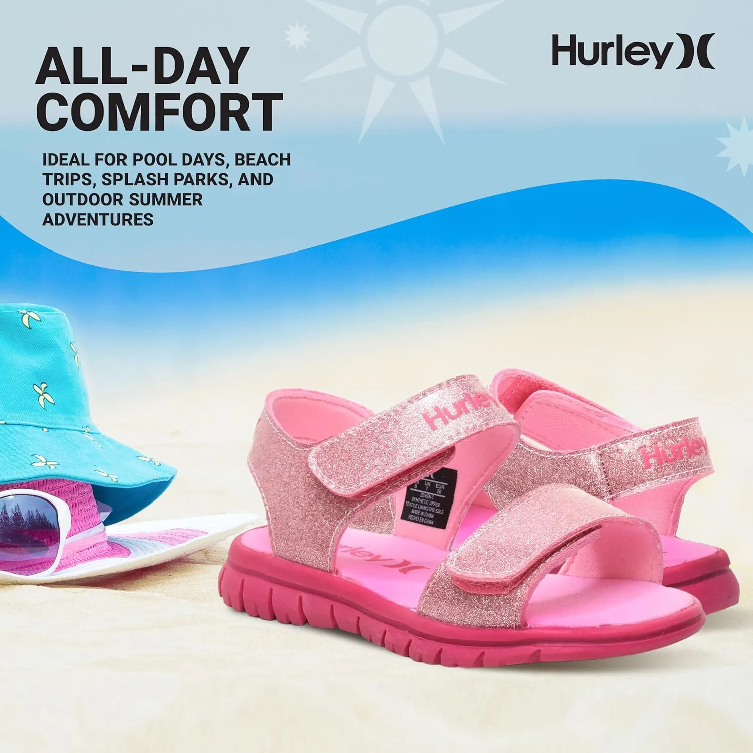 Hurley kids and toddlers Ken Sandals, for Boys and Girls, Kid's Lightweight Open Toe Sandals, Beach Sandals with Adjustable straps, for Outdoors, Water Play and Pool