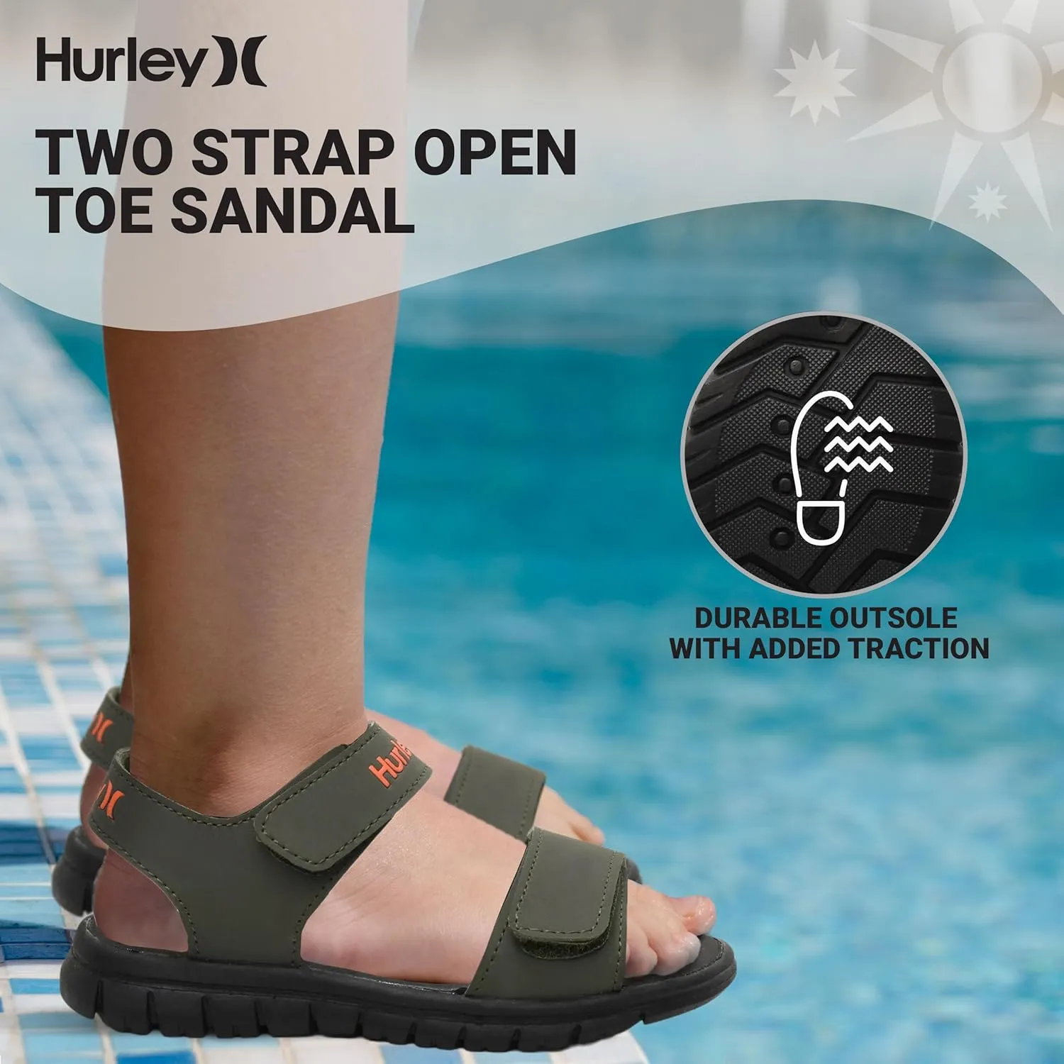 Hurley kids and toddlers Ken Sandals, for Boys and Girls, Kid's Lightweight Open Toe Sandals, Beach Sandals with Adjustable straps, for Outdoors, Water Play and Pool