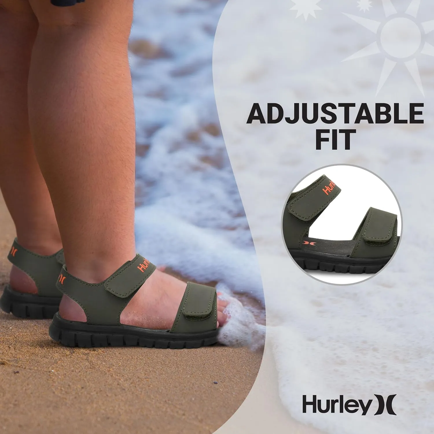 Hurley kids and toddlers Ken Sandals, for Boys and Girls, Kid's Lightweight Open Toe Sandals, Beach Sandals with Adjustable straps, for Outdoors, Water Play and Pool