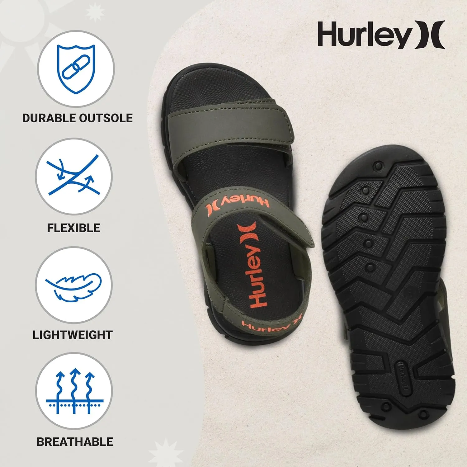 Hurley kids and toddlers Ken Sandals, for Boys and Girls, Kid's Lightweight Open Toe Sandals, Beach Sandals with Adjustable straps, for Outdoors, Water Play and Pool