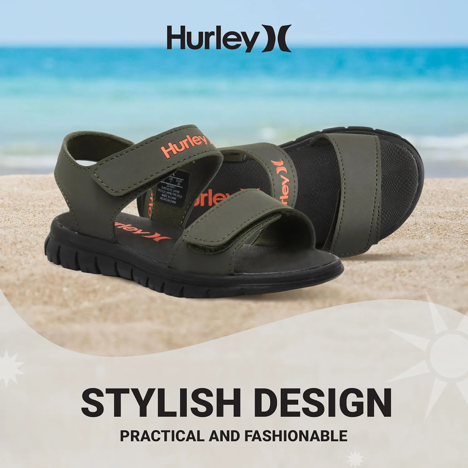 Hurley kids and toddlers Ken Sandals, for Boys and Girls, Kid's Lightweight Open Toe Sandals, Beach Sandals with Adjustable straps, for Outdoors, Water Play and Pool
