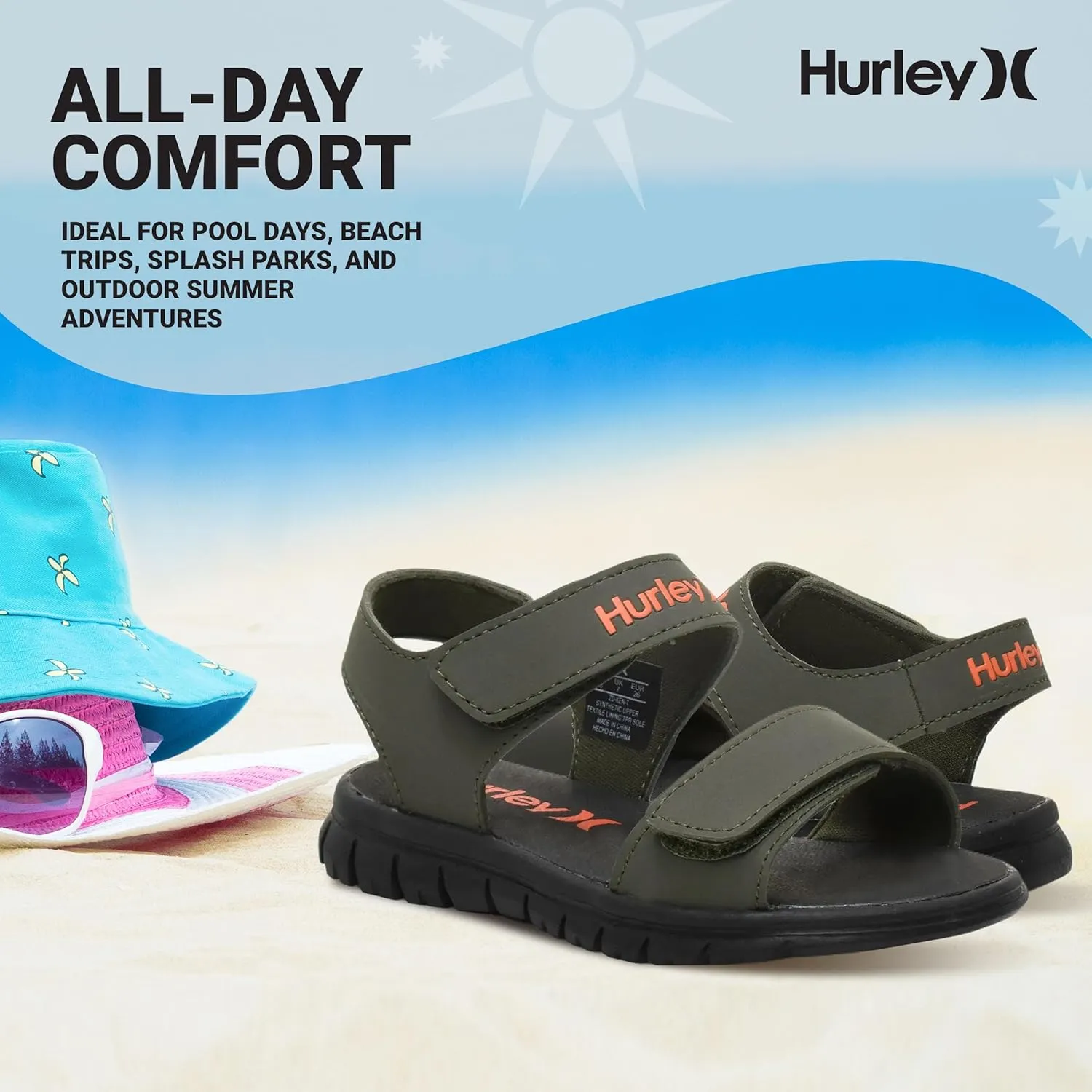 Hurley kids and toddlers Ken Sandals, for Boys and Girls, Kid's Lightweight Open Toe Sandals, Beach Sandals with Adjustable straps, for Outdoors, Water Play and Pool