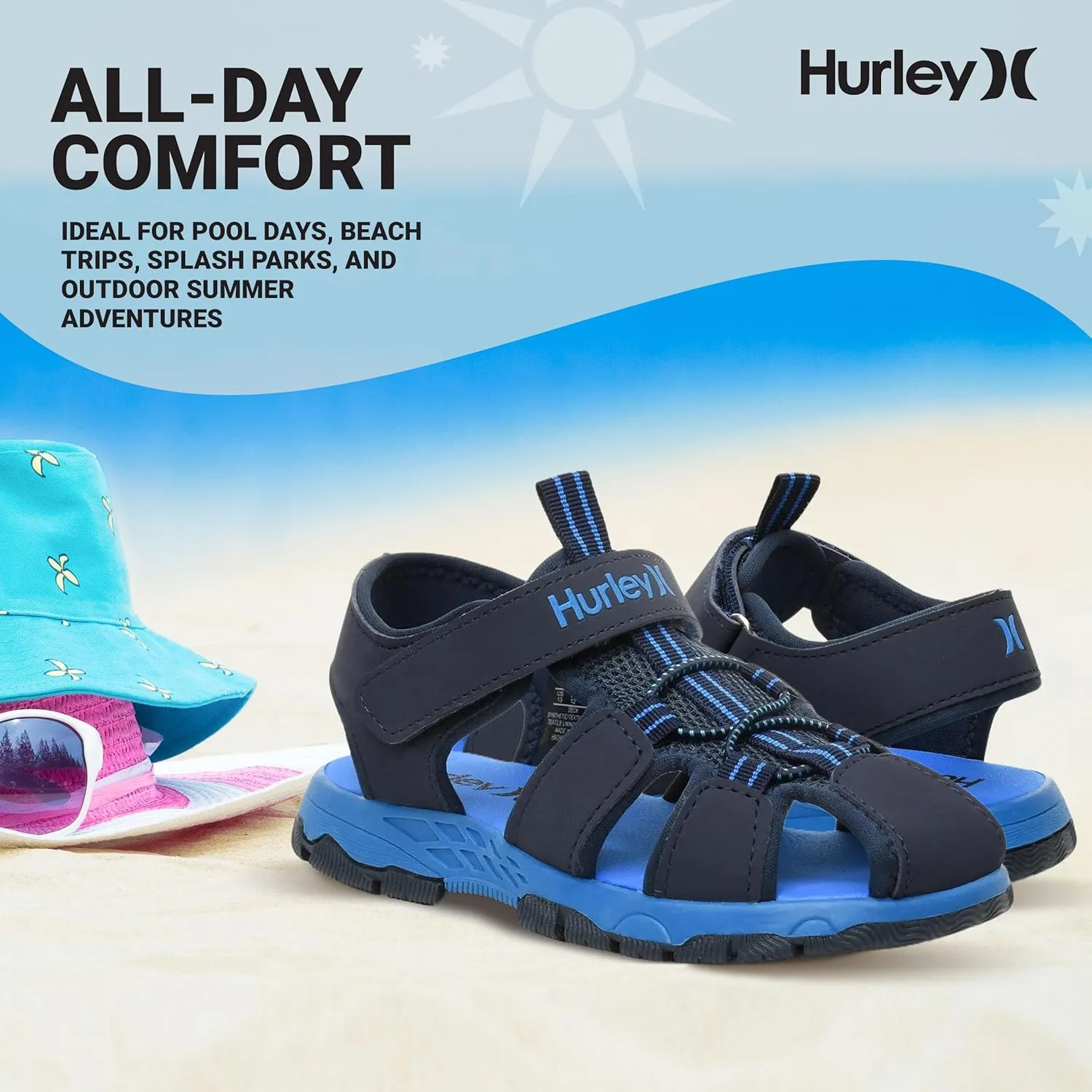 Hurley Kid's Deck Water Sandals, Sports and Beach Sandals for Boys and Girls, Lightweight Semi Closed Toe Sandals with Adjustable Upper - for Outdoors, Water Play and Pool