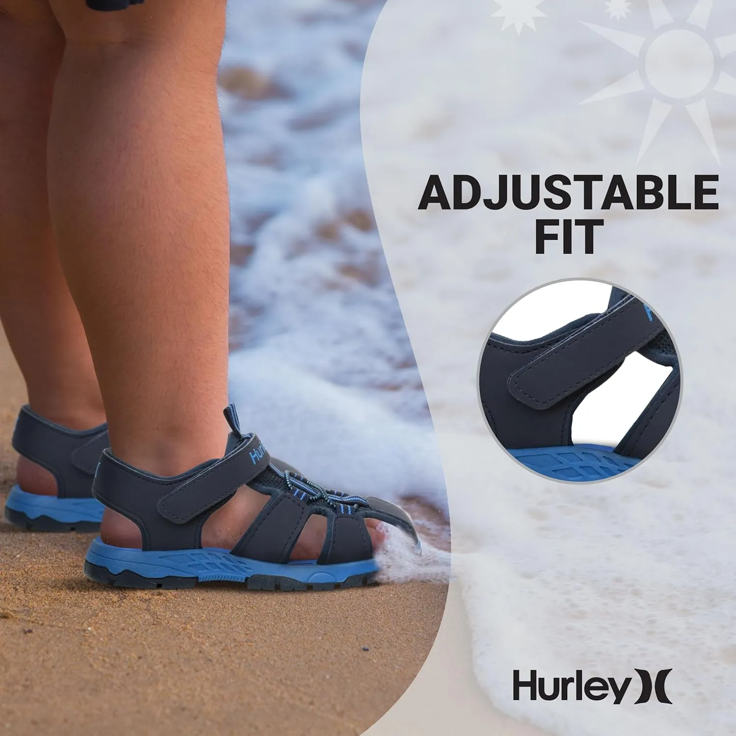 Hurley Kid's Deck Water Sandals, Sports and Beach Sandals for Boys and Girls, Lightweight Semi Closed Toe Sandals with Adjustable Upper - for Outdoors, Water Play and Pool