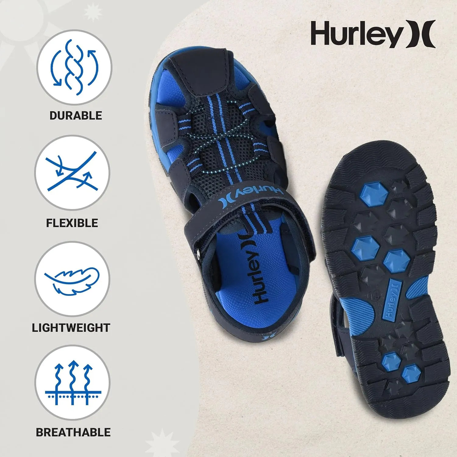 Hurley Kid's Deck Water Sandals, Sports and Beach Sandals for Boys and Girls, Lightweight Semi Closed Toe Sandals with Adjustable Upper - for Outdoors, Water Play and Pool