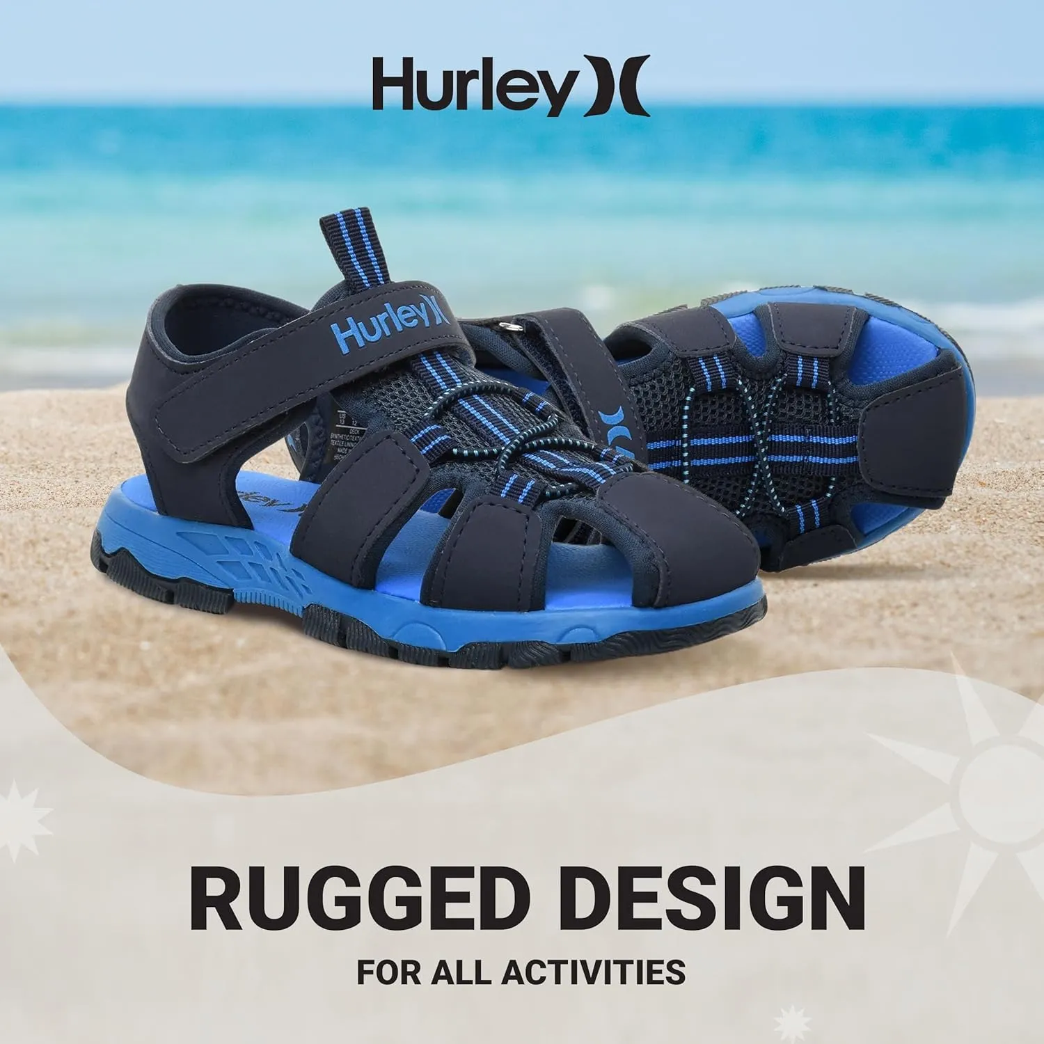 Hurley Kid's Deck Water Sandals, Sports and Beach Sandals for Boys and Girls, Lightweight Semi Closed Toe Sandals with Adjustable Upper - for Outdoors, Water Play and Pool