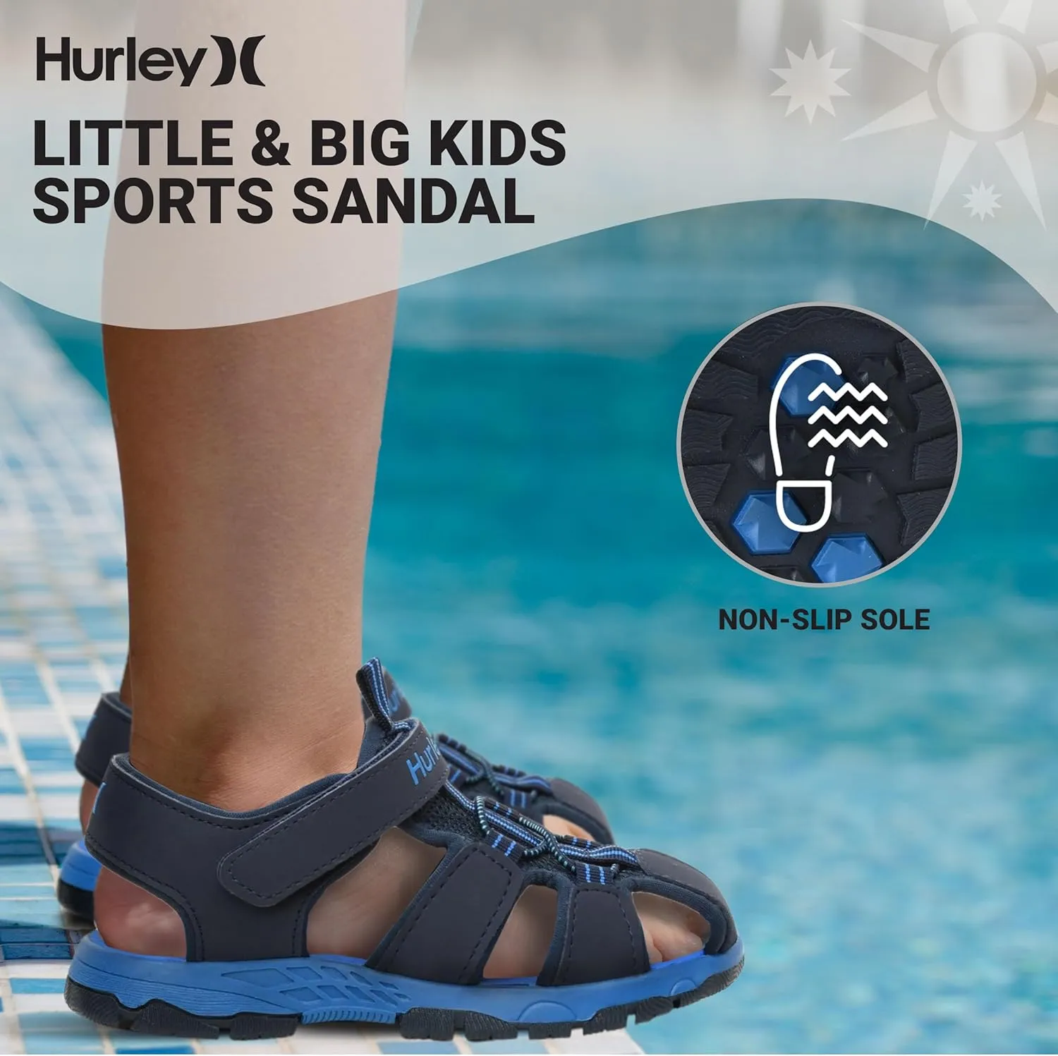 Hurley Kid's Deck Water Sandals, Sports and Beach Sandals for Boys and Girls, Lightweight Semi Closed Toe Sandals with Adjustable Upper - for Outdoors, Water Play and Pool