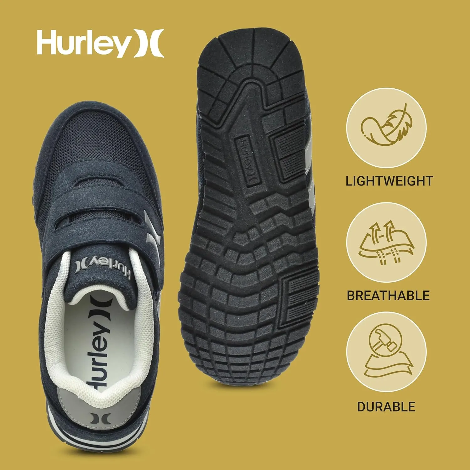 Hurley Kid's Knox Walking Sneakers - Kid's Runner Shoes with Hook & Loop Closure for Easy Wear, Lightweight Running & Walking Shoes for Boys & Girls, Toddler Kid's Sneaker Shoes