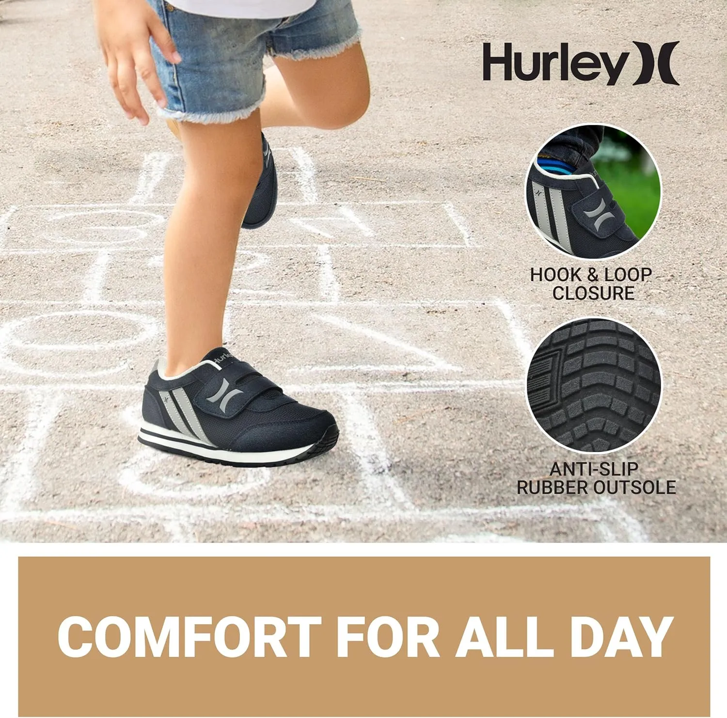 Hurley Kid's Knox Walking Sneakers - Kid's Runner Shoes with Hook & Loop Closure for Easy Wear, Lightweight Running & Walking Shoes for Boys & Girls, Toddler Kid's Sneaker Shoes