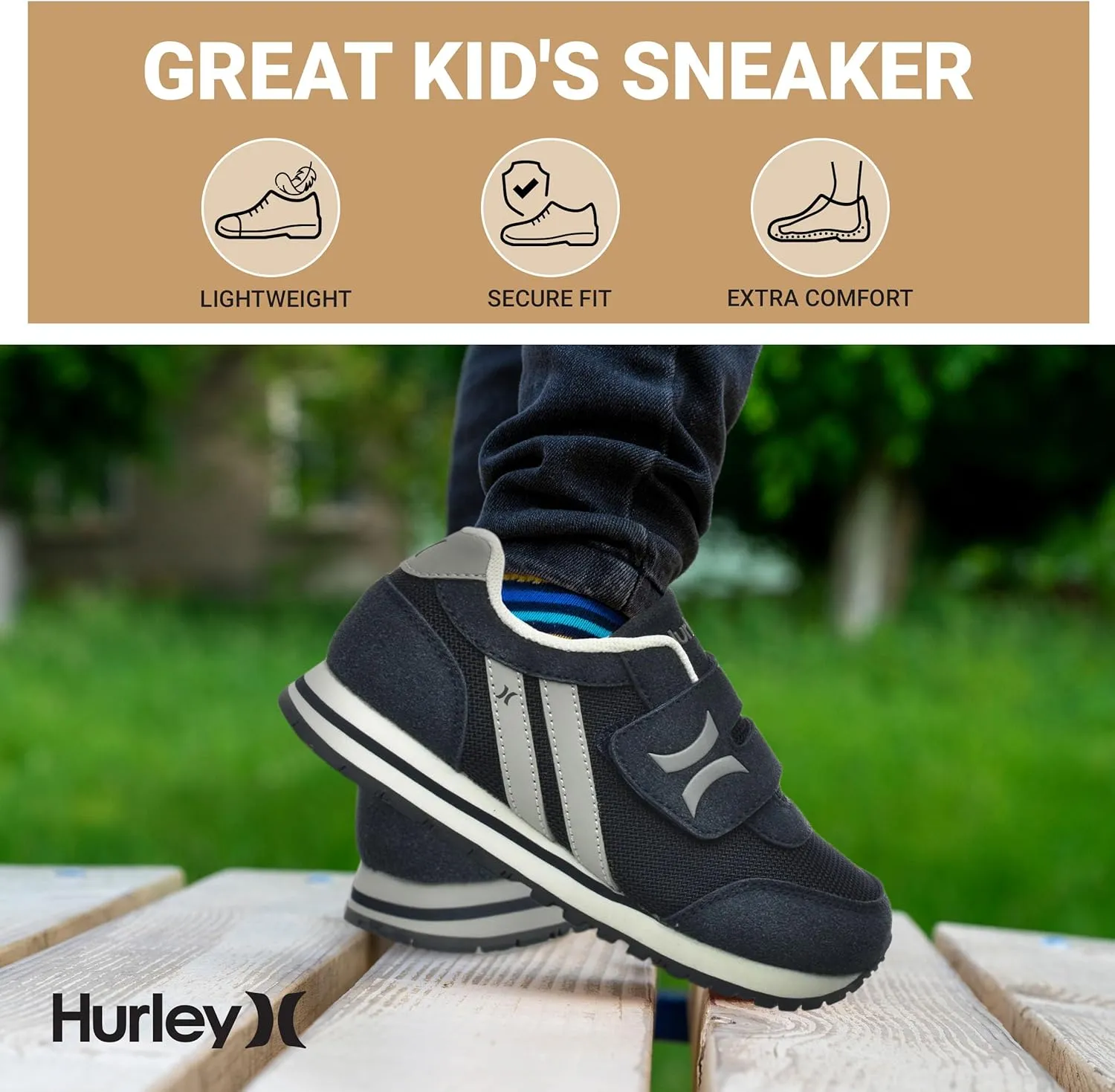 Hurley Kid's Knox Walking Sneakers - Kid's Runner Shoes with Hook & Loop Closure for Easy Wear, Lightweight Running & Walking Shoes for Boys & Girls, Toddler Kid's Sneaker Shoes
