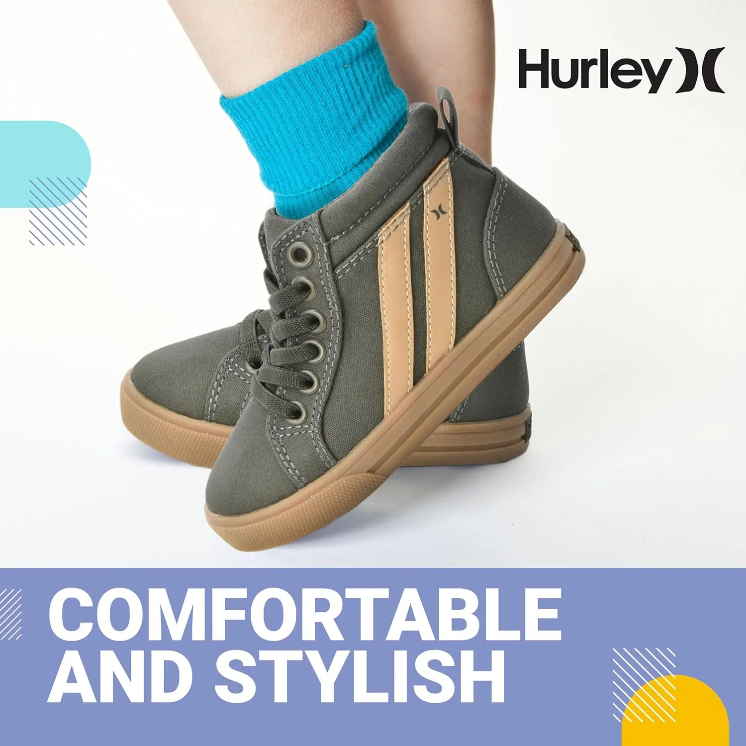 Hurley Kids Toddlers Elastic Laces Canvas Sneakers – High Cut Skateboarding Shoes for Toddlers and Little Kids, Sports Shoes for Boys and Girls, Sports Shoes for School Tate