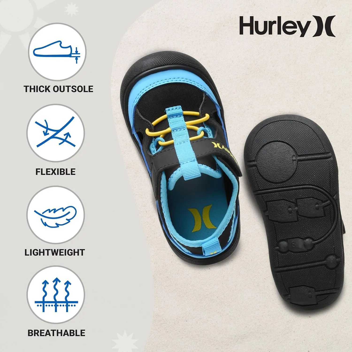 Hurley Kid's Toddlers Water Shoes, Extra Strength Outsole Water Shoes for Boys and Girls, Lightweight Closed Toe Sandals, Beach Shoes with Adjustable Upper-for Outdoors, Water Play and Pool Dylan