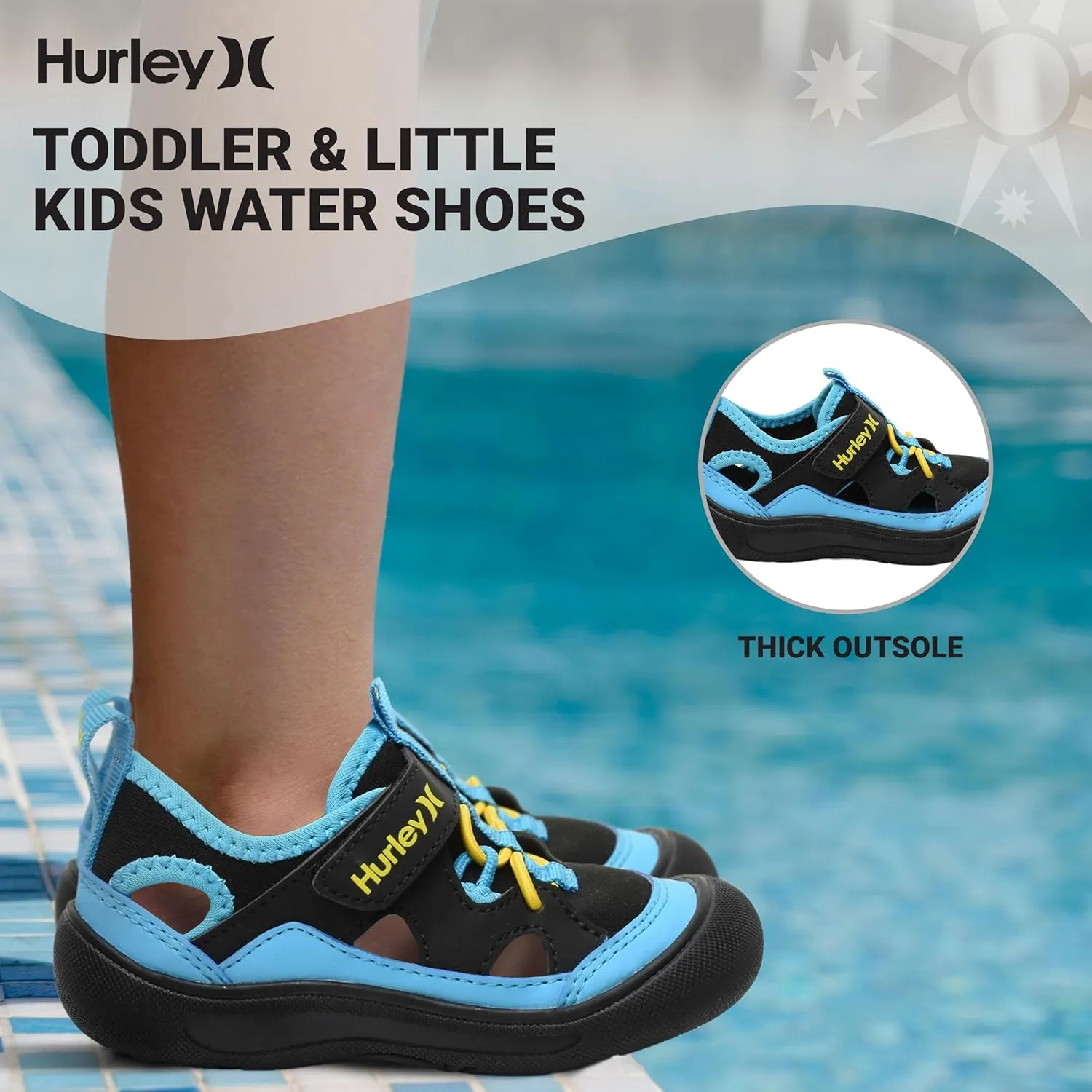 Hurley Kid's Toddlers Water Shoes, Extra Strength Outsole Water Shoes for Boys and Girls, Lightweight Closed Toe Sandals, Beach Shoes with Adjustable Upper-for Outdoors, Water Play and Pool Dylan