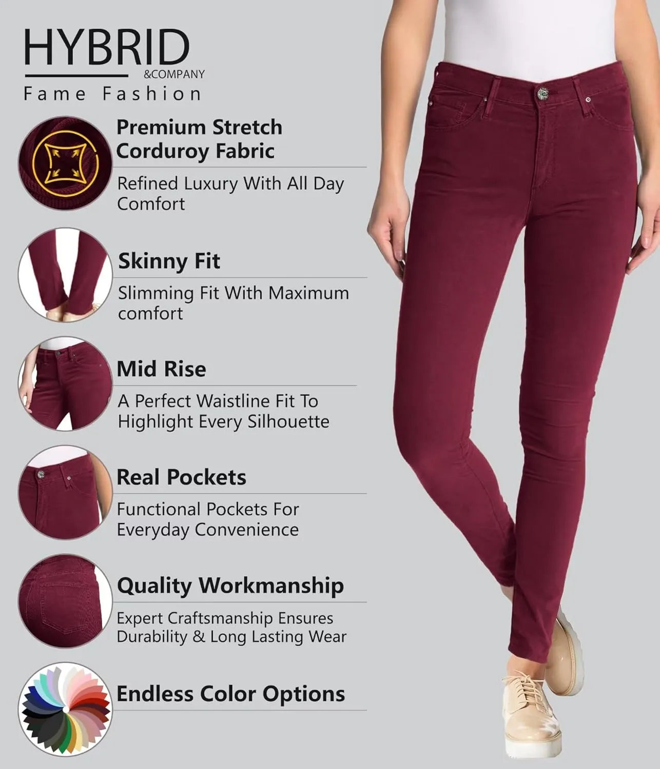 Hybrid & Company Super Comfy Stretch Women 5 Pockets Corduroy Skinny Pants