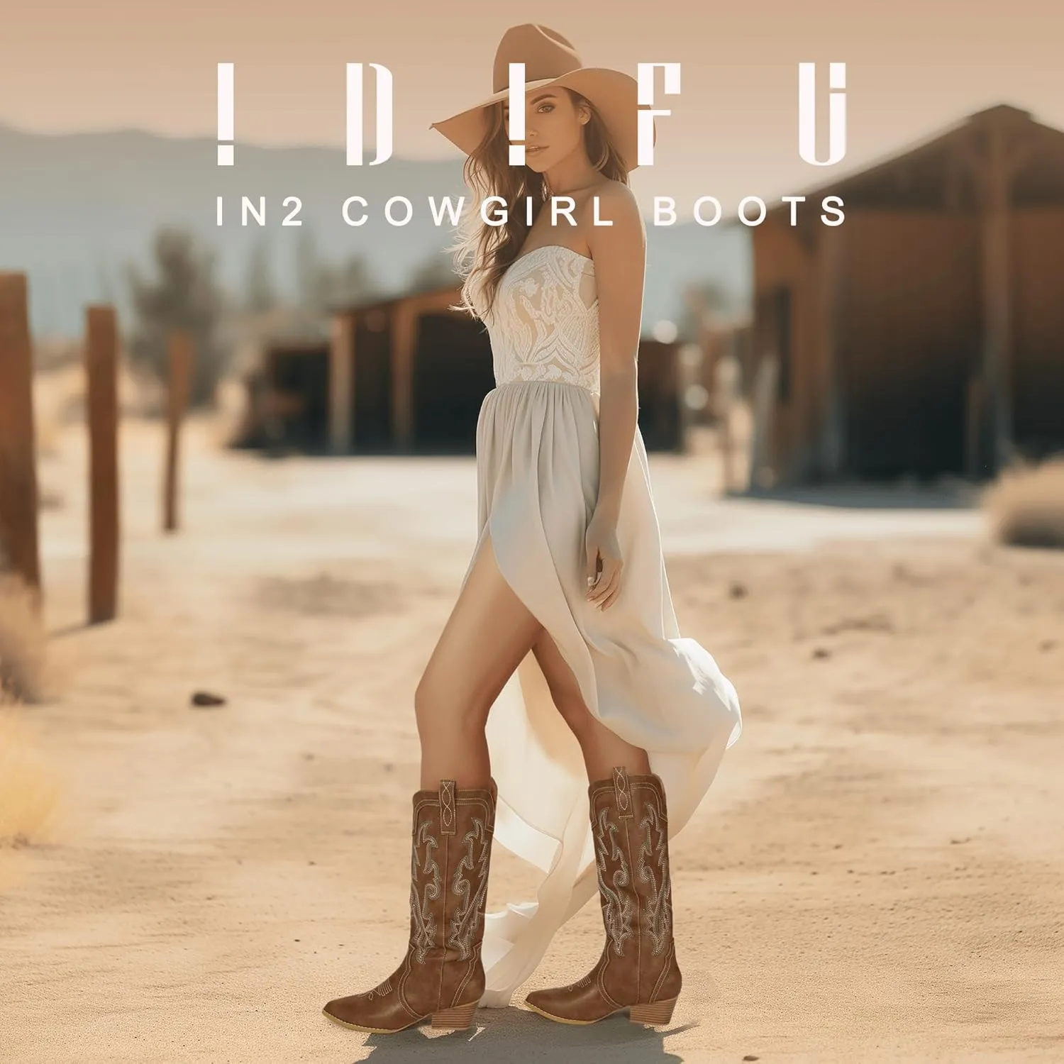 IDIFU IN2 Cowboy Boots For Women Cowgirl Knee High Western Tall Boots Chunky Low Pointed Toe Heel Boots Fashion Booties for Women Embroidered Wedding Country Concert Boots