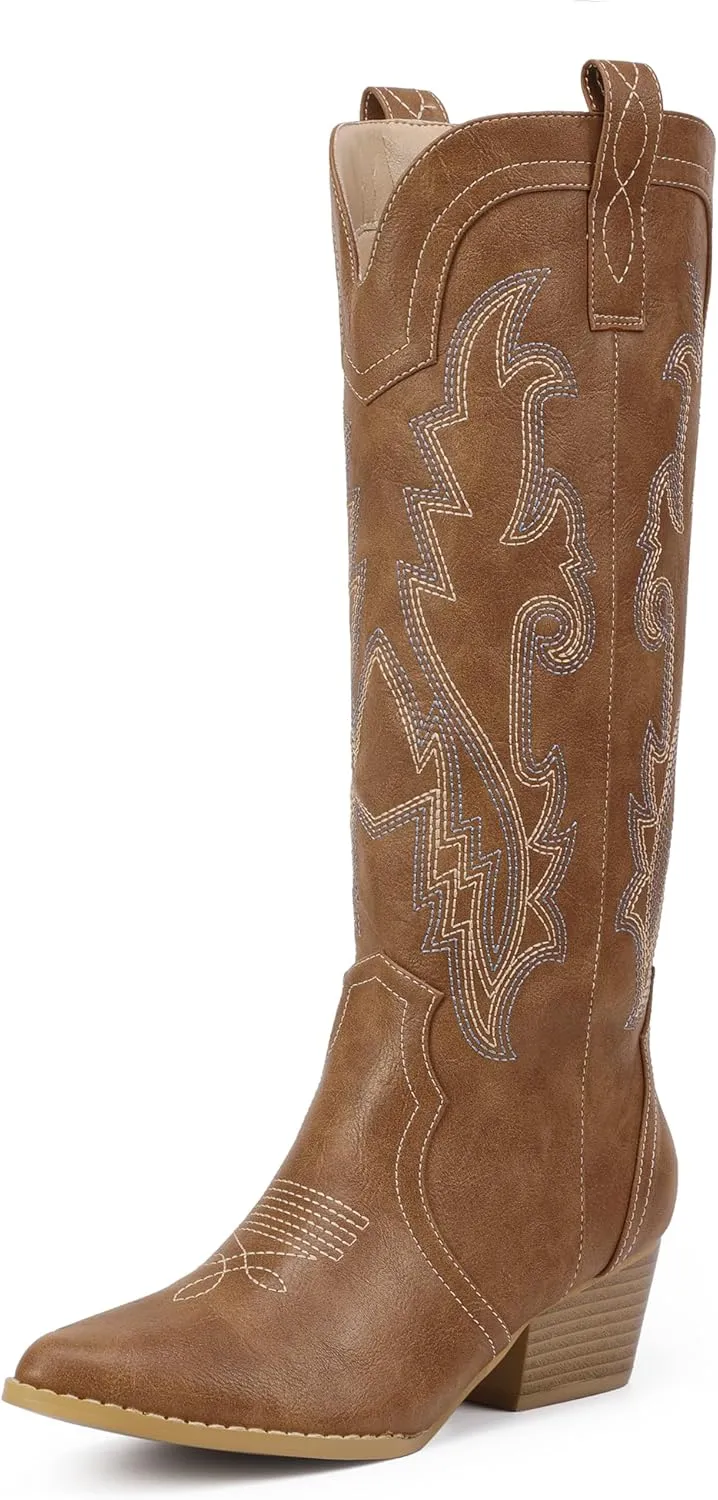 IDIFU IN2 Cowboy Boots For Women Cowgirl Knee High Western Tall Boots Chunky Low Pointed Toe Heel Boots Fashion Booties for Women Embroidered Wedding Country Concert Boots