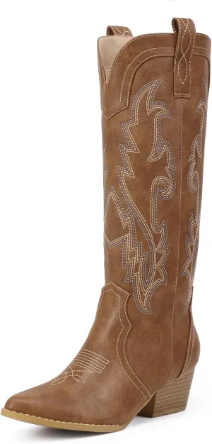 IDIFU IN2 Cowboy Boots For Women Cowgirl Knee High Western Tall Boots Chunky Low Pointed Toe Heel Boots Fashion Booties for Women Embroidered Wedding Country Concert Boots