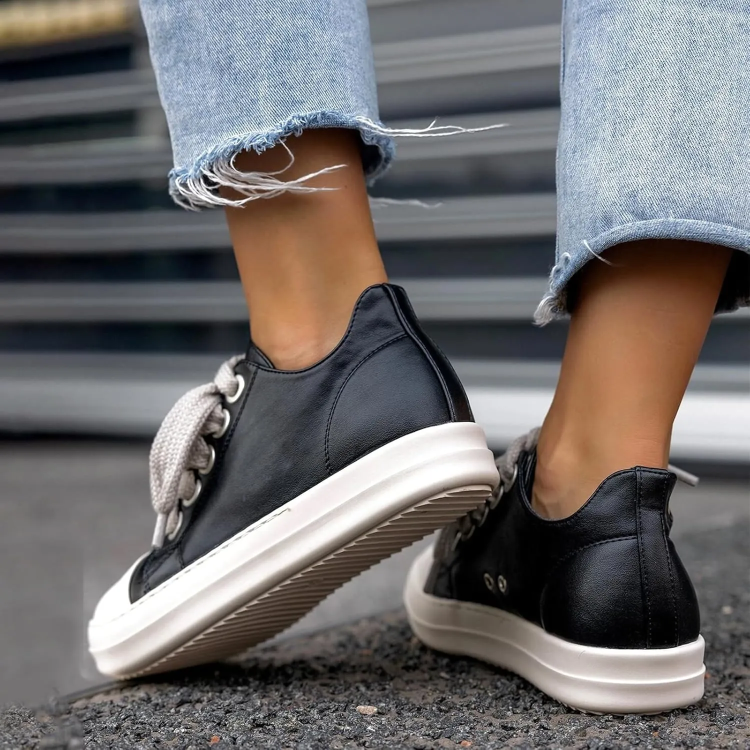 IMPREMEY Women's Low top Sneakers Fashion Thick Strap Leather Walking Shoes.