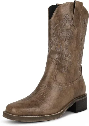 ISNOM Cowgirl Cowboy Boots for Women, Western Boots with Square Toe, Pull-on Tab and Unique Embroidery Design