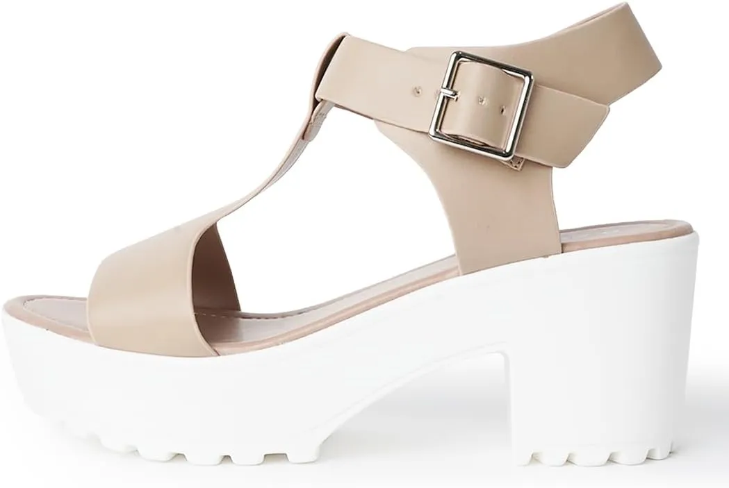 J. Adams Corby Platform Sandals Heeled Sandals for Womens - T-Strap Chunky Mid Heel Sandal Wedges for Women - Women's Footwear Platform Shoes - Summer Shoes for Women