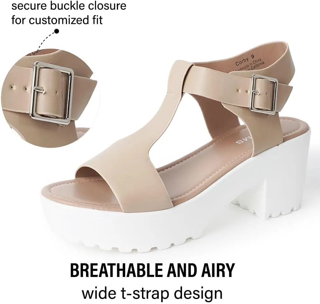 J. Adams Corby Platform Sandals Heeled Sandals for Womens - T-Strap Chunky Mid Heel Sandal Wedges for Women - Women's Footwear Platform Shoes - Summer Shoes for Women