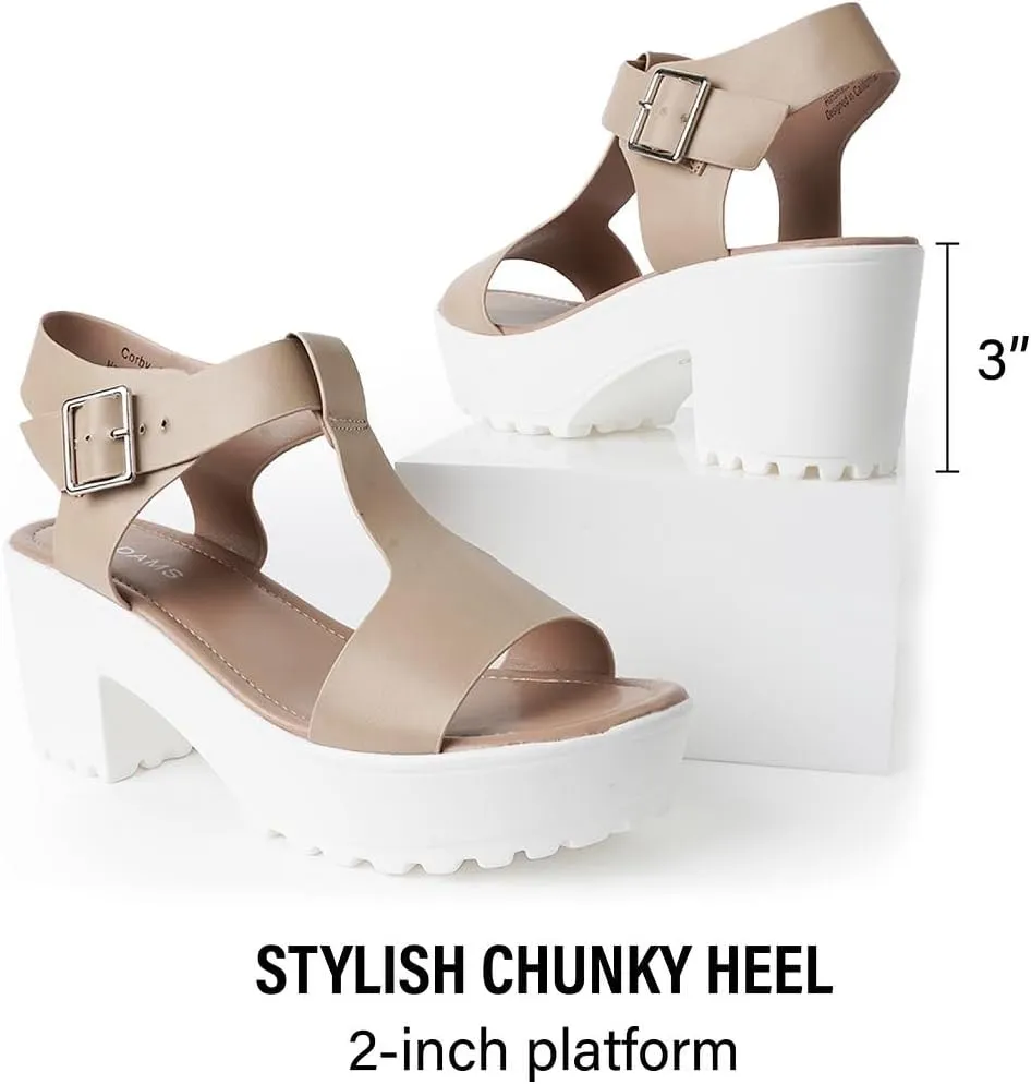 J. Adams Corby Platform Sandals Heeled Sandals for Womens - T-Strap Chunky Mid Heel Sandal Wedges for Women - Women's Footwear Platform Shoes - Summer Shoes for Women