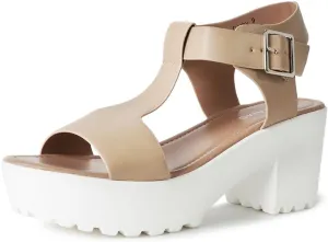 J. Adams Corby Platform Sandals Heeled Sandals for Womens - T-Strap Chunky Mid Heel Sandal Wedges for Women - Women's Footwear Platform Shoes - Summer Shoes for Women