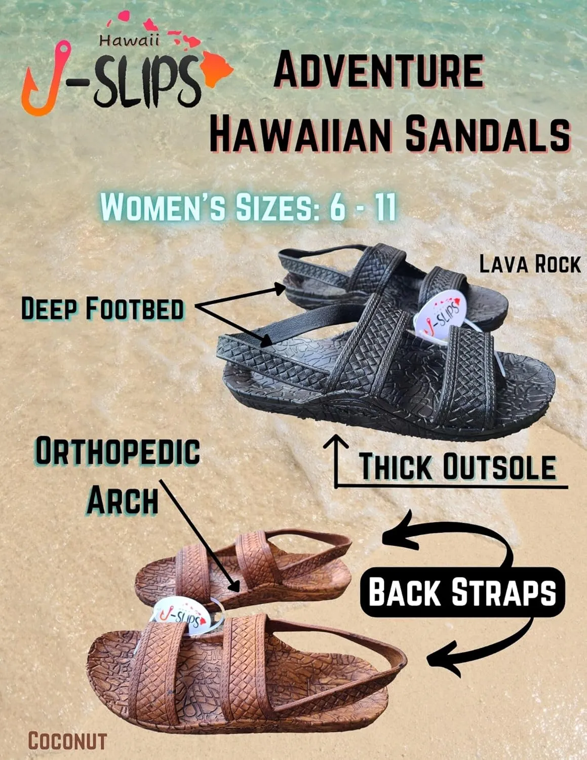 J-Slips New Adventure Sandals for Women and Men with Straps - Comfortable Jesus Jandals for Beach, Summer, and Shower - Waterproof Hawaiian Slides with Arch Support